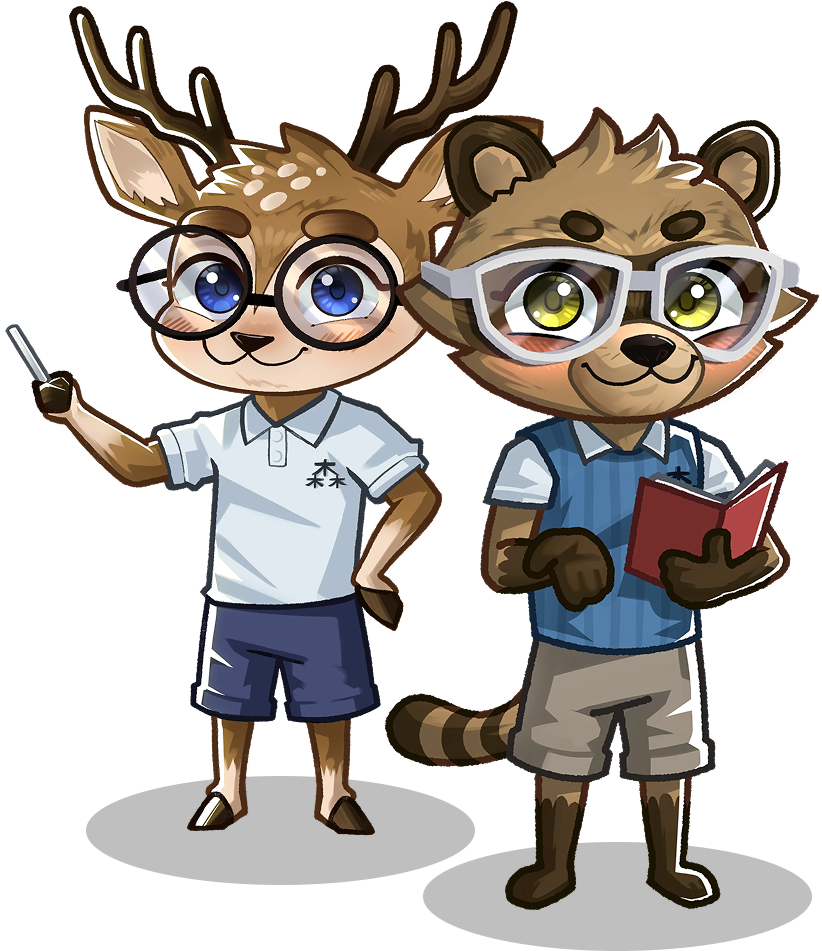 Kanjimori mascots — a deer teacher and tanuki student